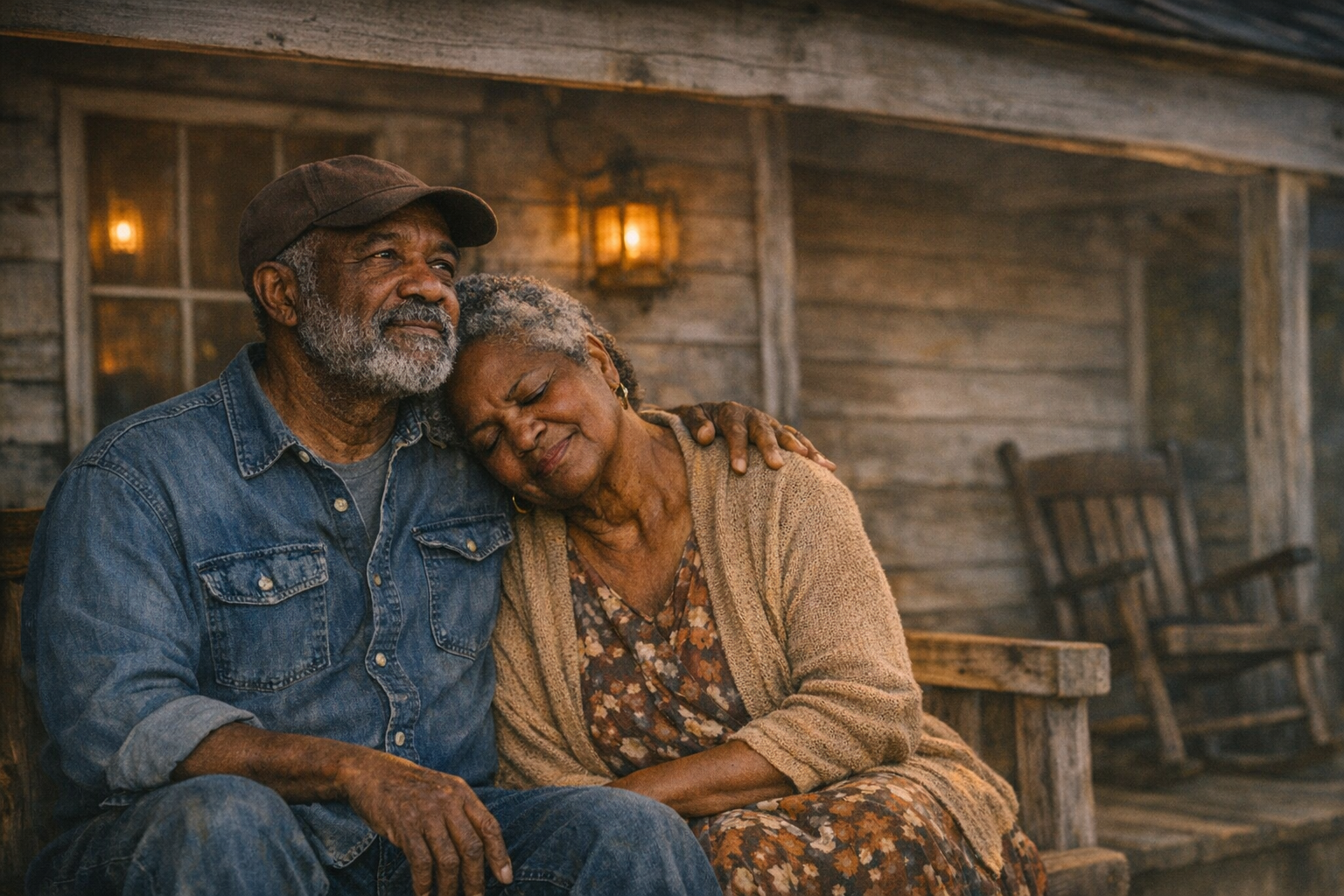 A realistic portrait of an elderly Black couple sitting close together on a weathered wooden porch in warm evening light. The man wears a faded denim shirt and a brown cap, gazing into the distance with a thoughtful expression. The woman leans her head gently on his shoulder, eyes closed, wearing a beige cardigan and patterned dress. His arm wraps around her with quiet strength. The background shows a softly lit window and an old rocking chair, casting a warm glow across the porch.