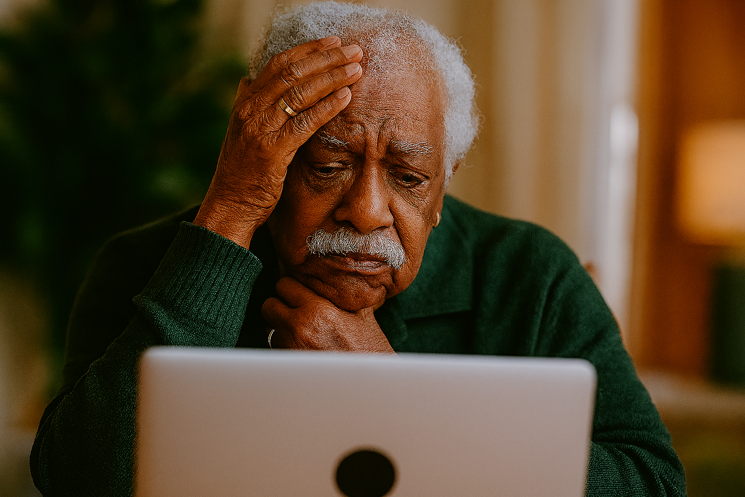 African American senior male sitting puzzled in front of a laptop.