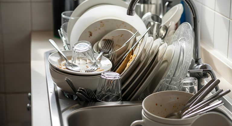 A sink of unwashed dishes showing a change in the elders behavior